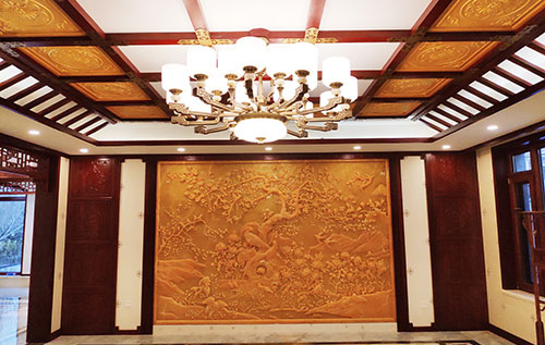 琼海中式别墅客厅中式木作横梁吊顶装饰展示
